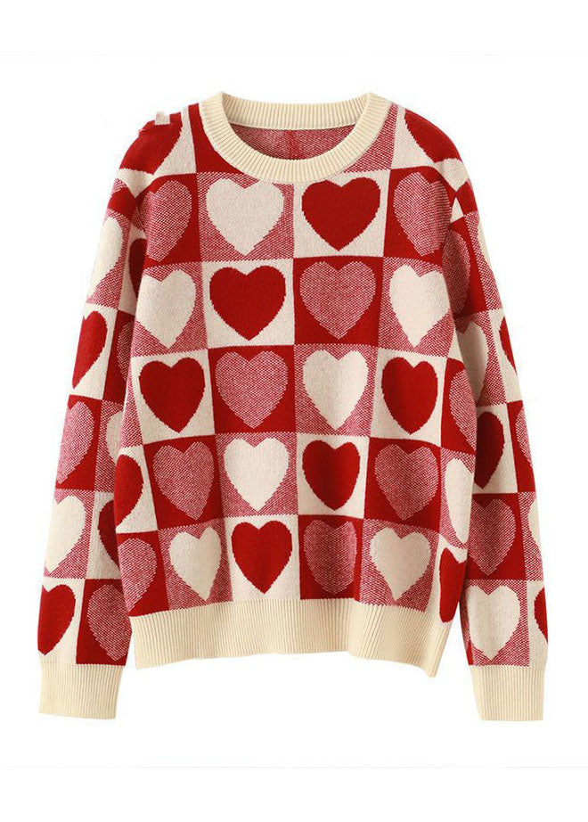Red Oversized Thick Loving Heart Print Knit Pullover Spring