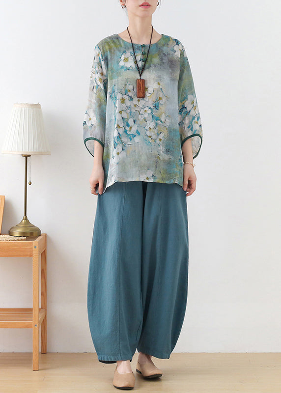 Boutique Blue Green Print Button Linen Shirt Tops Three Quarter Sleeve