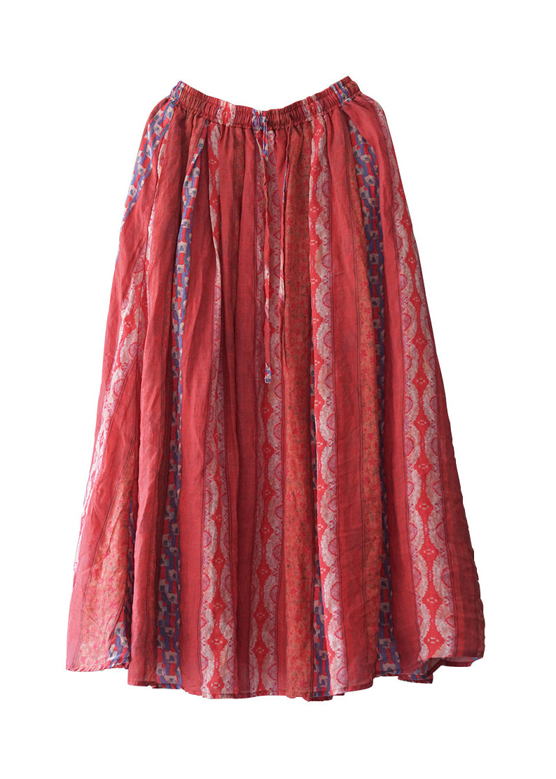 Red Elastic Waist Pocket Print Linen Beach Skirt Spring