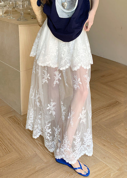 Art White Lace Patchwork Elastic Waist Tulle Skirt Summer