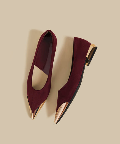 Wine Red Suede Splicing Flat Shoes Pointed Toe