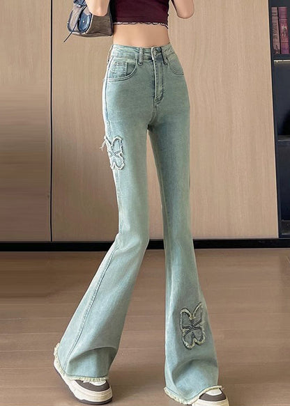 Blue Butterfly Decorated Denim Flare Bottoms Fall