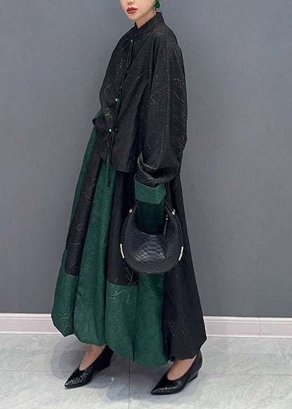 Black Green Stand Collar Tasseled Patchwork Cotton Two Piece Set Fall