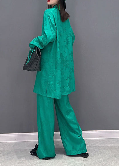 Boutique Green Mandarin Collar Tassel Silk Long Shirts and Straight Pants Two Pieces Set Long Sleeve