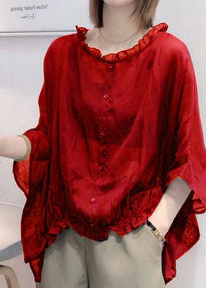 Art Navy Tops Ruffles Trim Half Sleeve Shirts Blouse