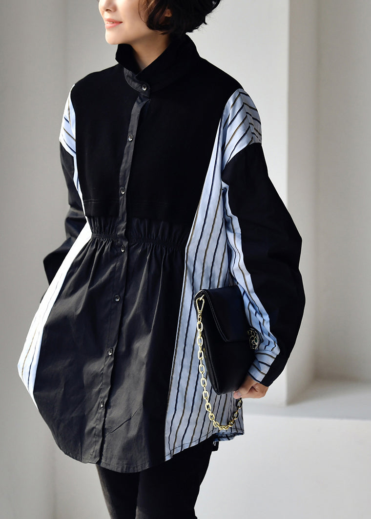 Black Peter Pan Collar Wrinkled Striped Patchwork Low High Design Button Cotton Shirt Long Sleeve