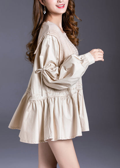 Beige Knit Patchwork Cotton Top Lantern Sleeve