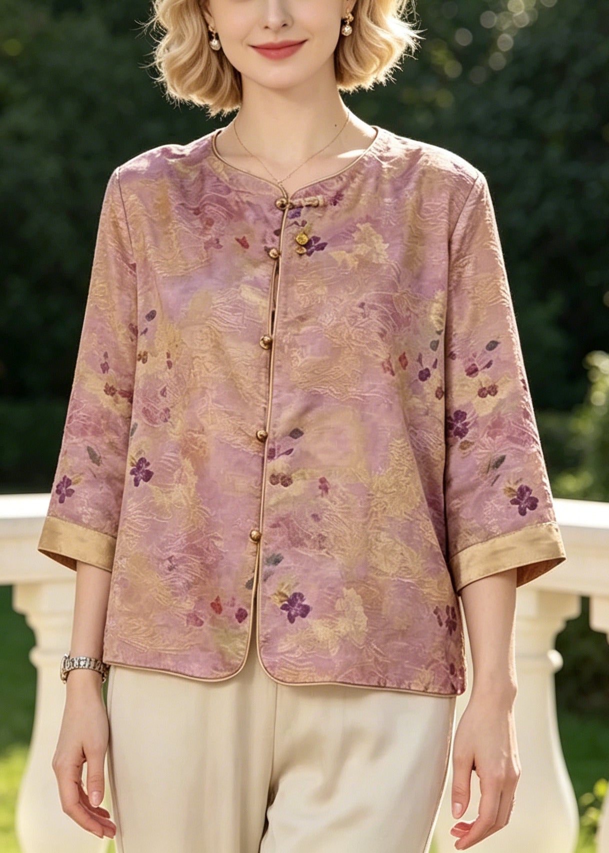 Purple O-neck Print Silk Shirt Top Bracelet Sleeve