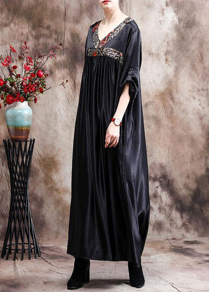 Natural Black Oversize Caftans Gown V Neck Patchwork Baggy Dress