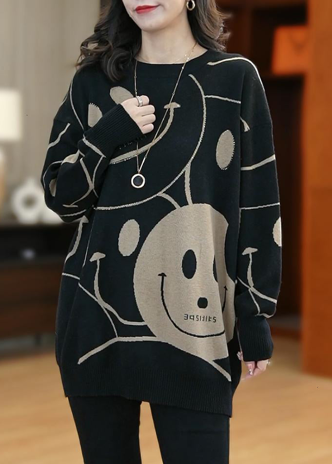 Handmade Green O-neck Smil Print Cotton Knit Sweaters Top Long Sleeve