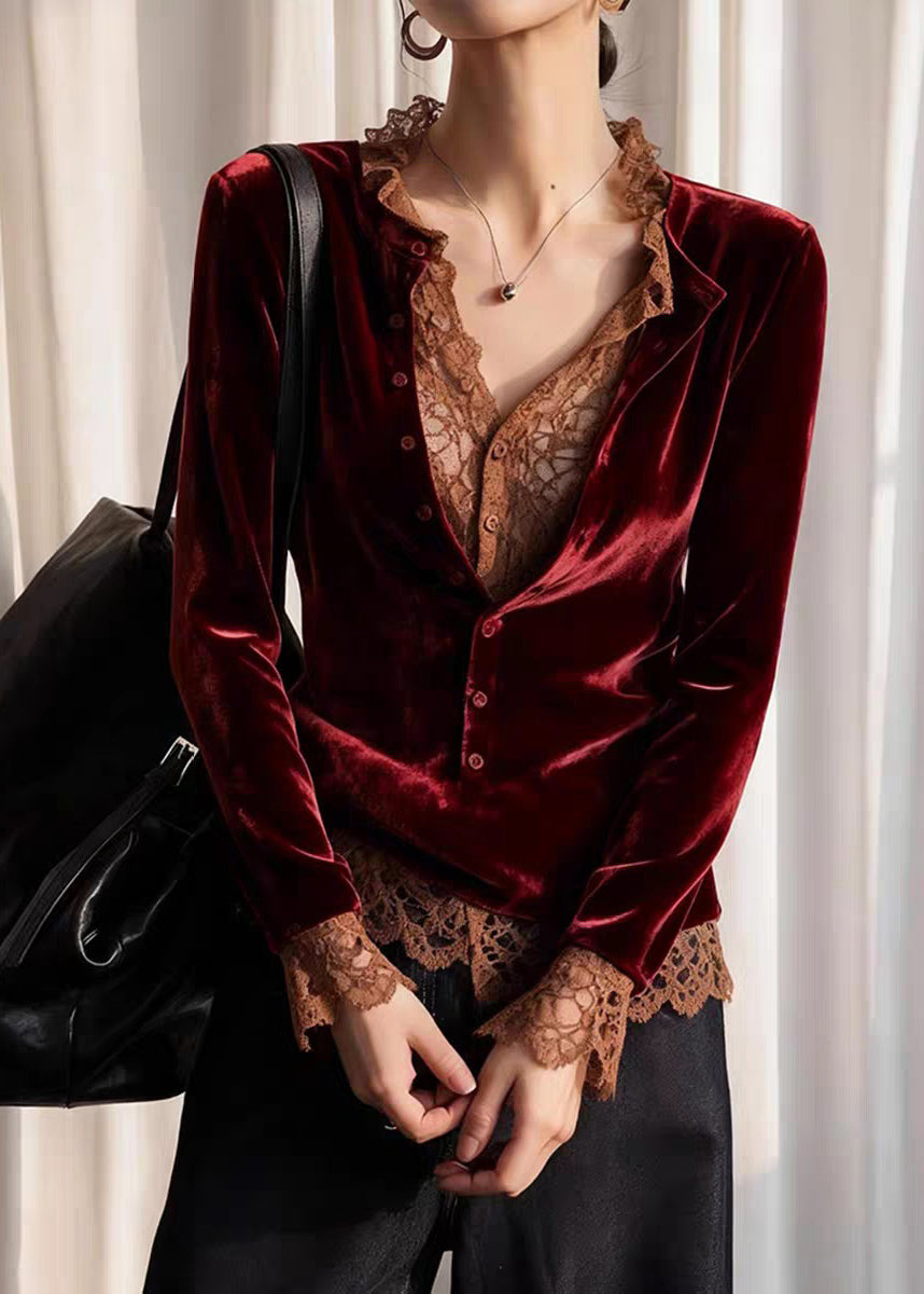 French Mulberry V Neck Lace Patchwork Silk Velour Shirt Spring