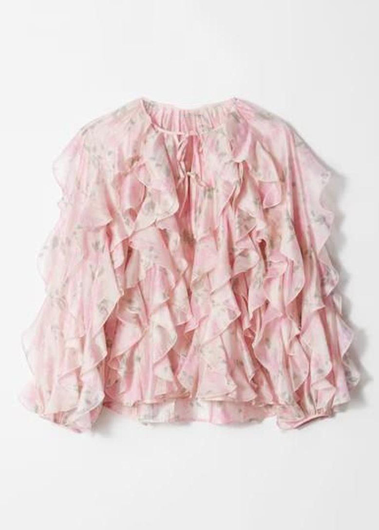 Pink Ruffled Patchwork Chiffon Shirt Tops Fall