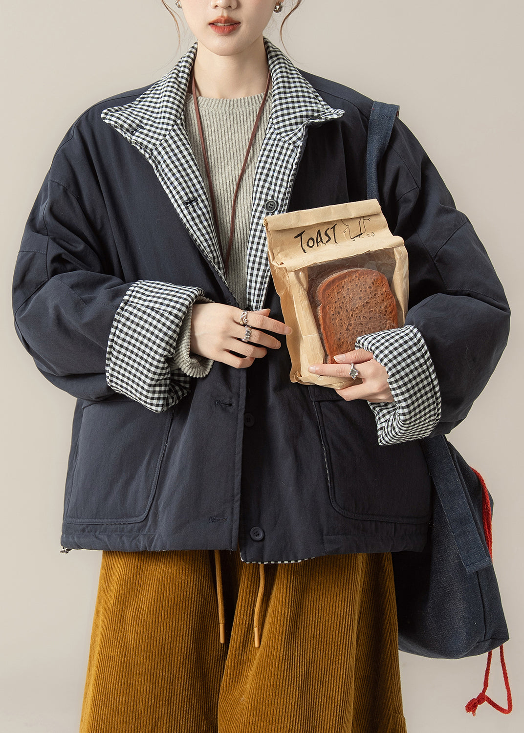 Natural Navy Plaid Wear on Both Sides Fine Cotton Filled Puffers Jackets Winter