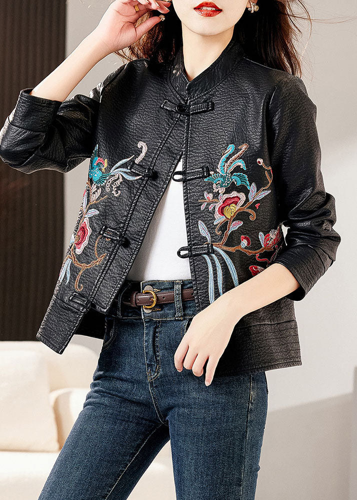 Classy Black Stand Collar Embroideried Faux Leather Coats Long Sleeve