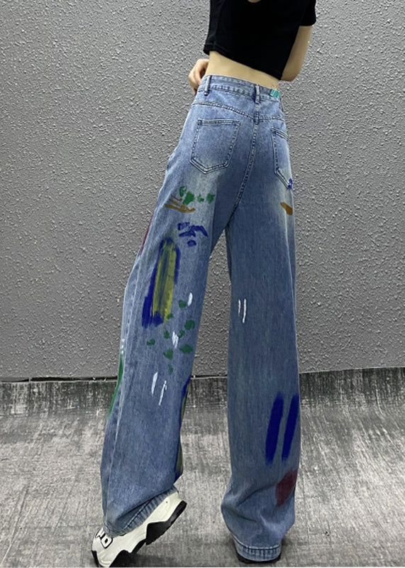 Blue Paintings Pockets High Waist Denim Wide Leg Pants Spring