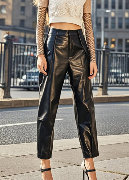 Classy Black High Waist Silm Fit Faux Leather Pants Spring