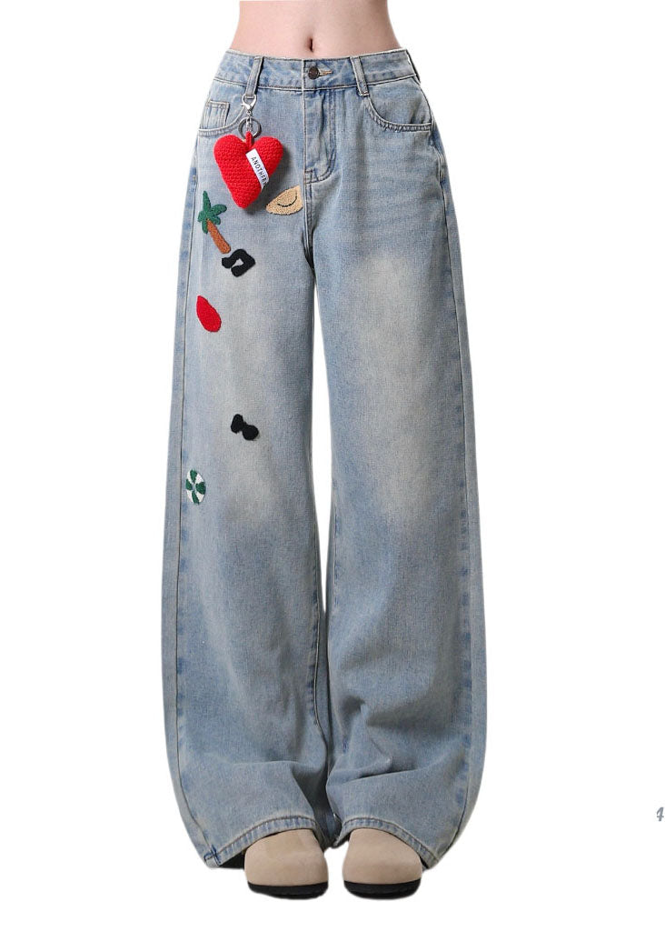 Blue Embroidered Pockets Denim Pants Spring