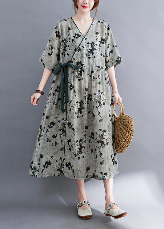 Grey V Neck Print Linen Long Dress Short Sleeve