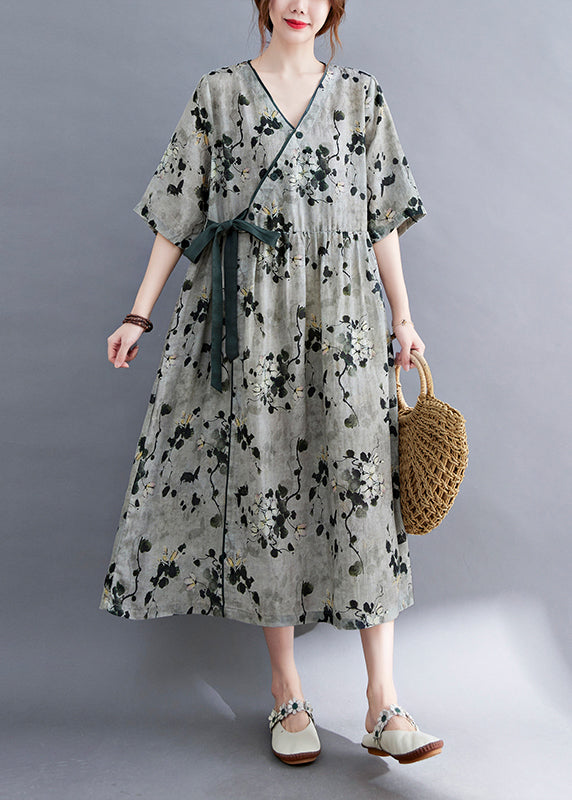 Grey V Neck Print Linen Long Dress Short Sleeve