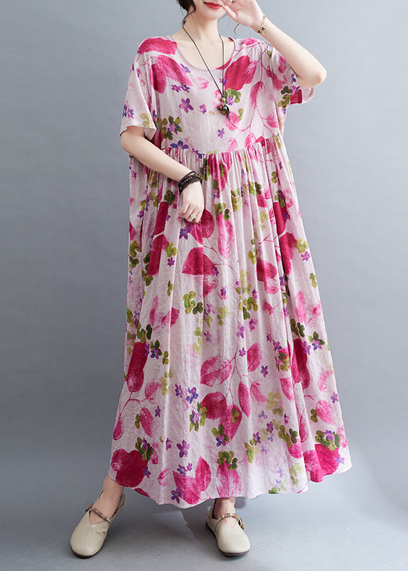 Rose O-neck Print Wrinkled Maxi Dresses Short Sleeve