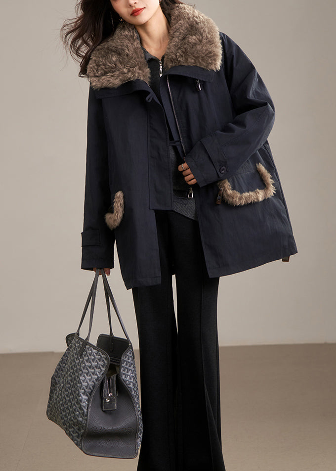 Navy Peter Pan Collar Fur Collar Duck Down Puffer Coat Winter