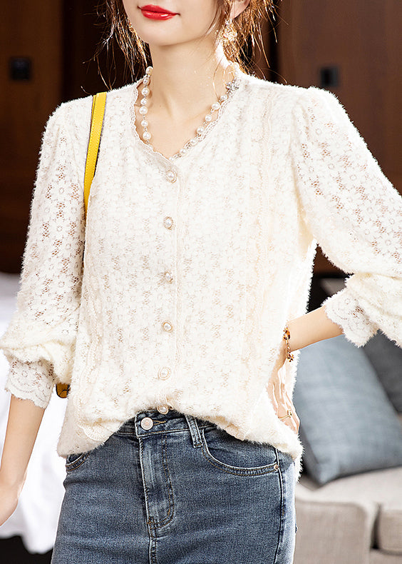 Apricot V Neck Button Patchwork Lace Top Fall