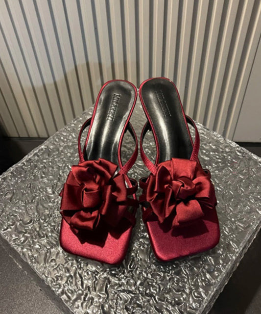 Classy Wine Red Satin High Heels Slide Sandals Peep Toe