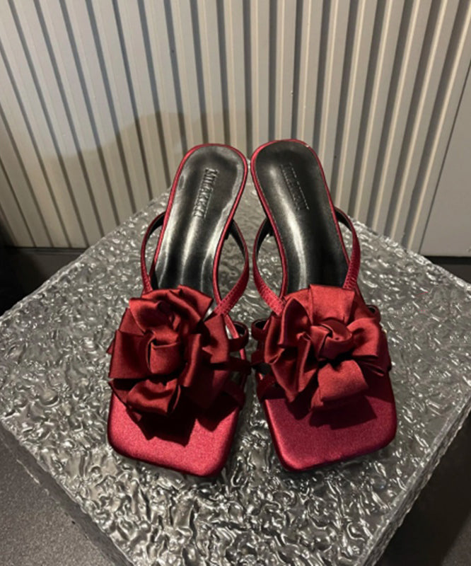 Classy Wine Red Satin High Heels Slide Sandals Peep Toe