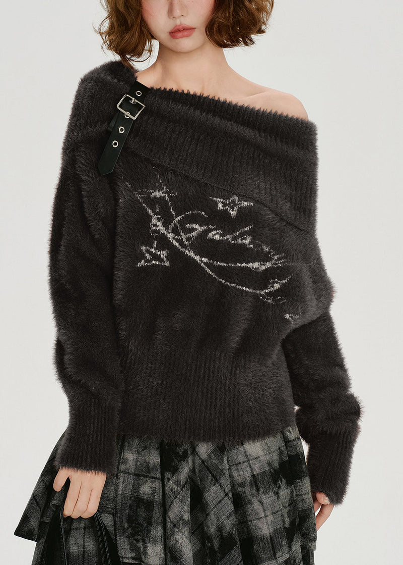 Chocolate Cold Shoulder Print Faux Mink Knit Pullover Winter