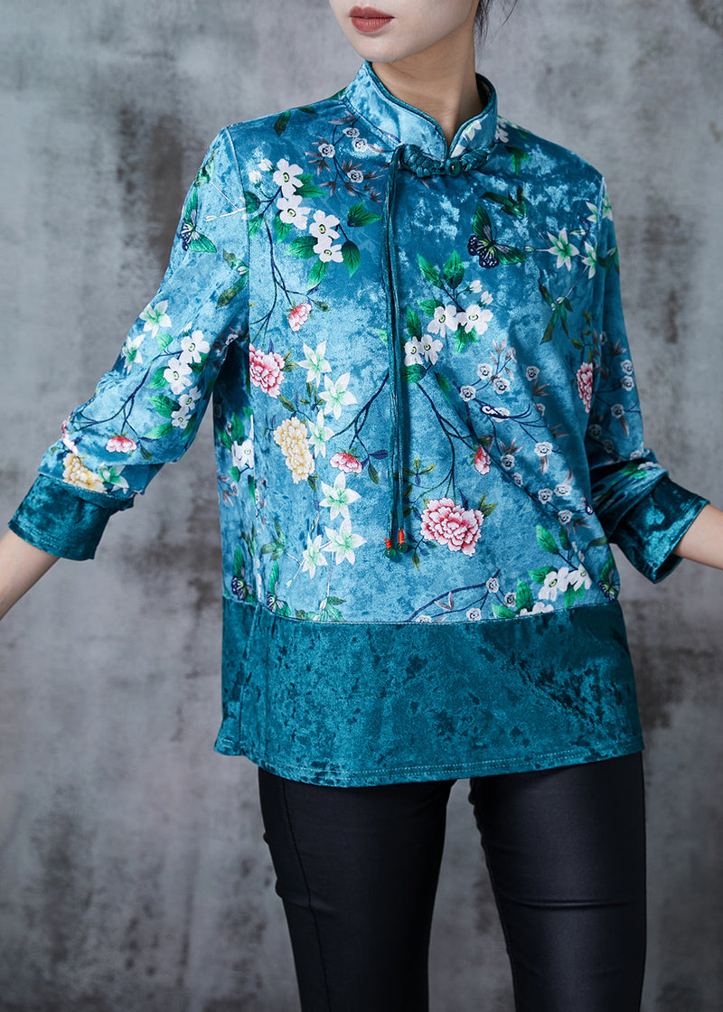 Royal Green Patchwork Silk Velour Oriental Top Tasseled Print Fall