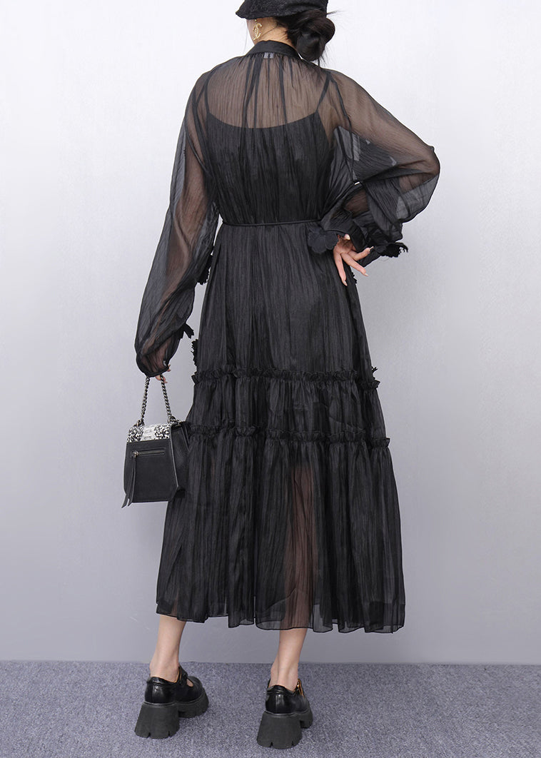 Black Stand Collar Ruffled Chiffon Long Dresses Fall