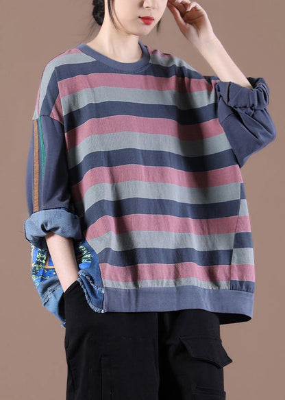 French O-neck Spring Shirts Pattern Gray Striped Tops