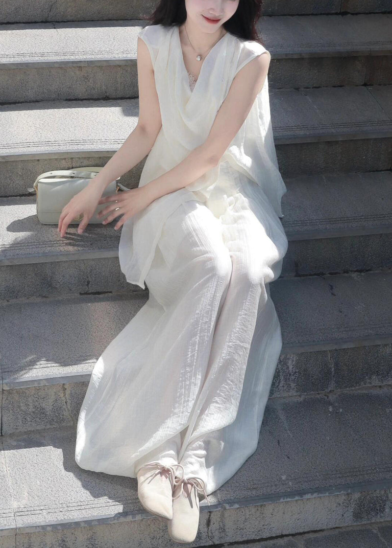 New White Asymmetrical Shirts and Wide Leg Pants Cotton Two Pieces Set Summer