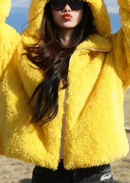 Yellow Hooded Rabbit Ears Zippered Fluffy Coats Winter