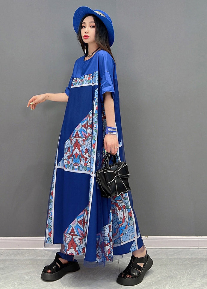 Blue O-neck Print Tulle Patchwork Dresses Short Sleeve