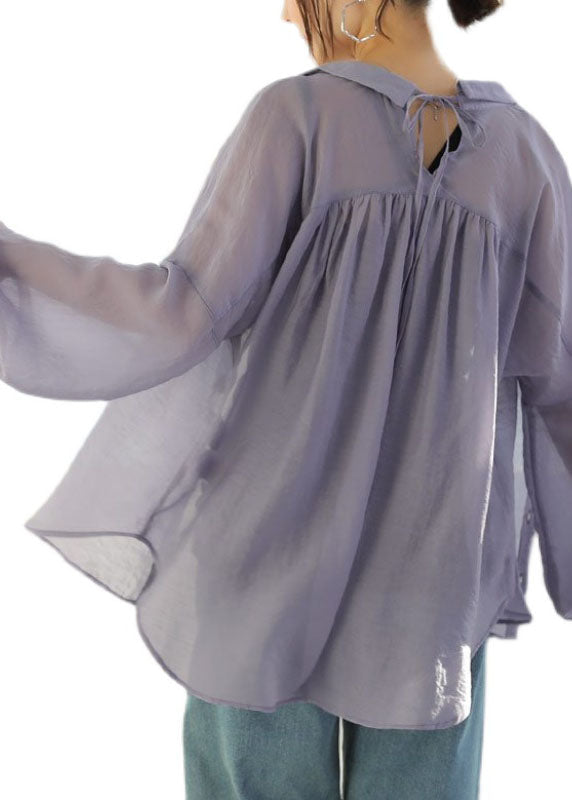 Diy Purple Peter Pan Collar Patchwork Cotton Shirt Top Long Sleeve