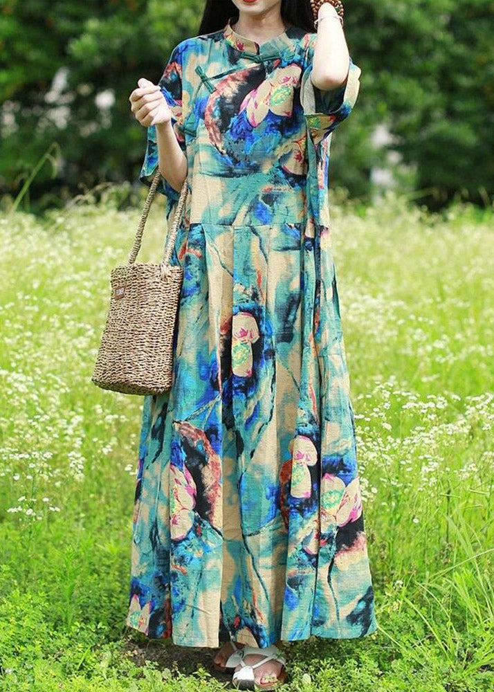Blue Stand Collar Print Long Dress Short Sleeve
