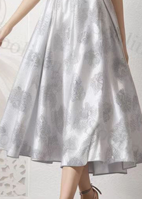 Novelty Silver Stand Collar Ruffled Patchwork Silk Vacation Maxi Dresses Short Sleeve