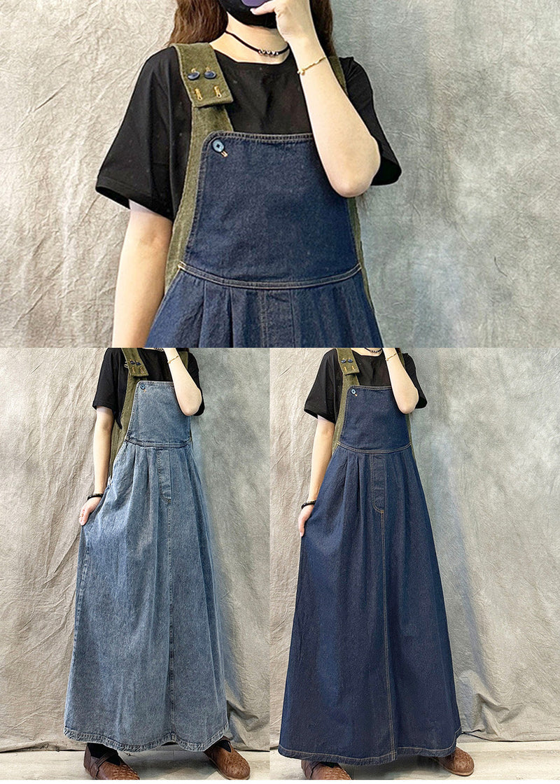 Classy Navy Oversized Patchwork Denim Straps Dresses Summer
