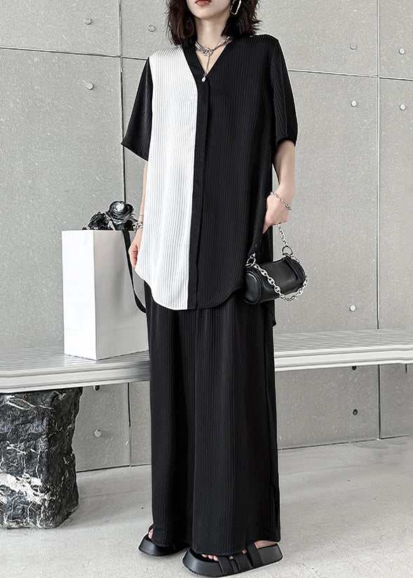 Black V Neck Asymmetrical Patchwork Cotton Two-piece Set Summer