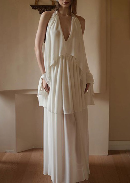 White V Neck Wrinkled Chiffon Dress Sleeveless