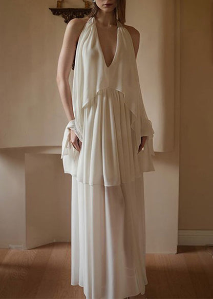 White V Neck Wrinkled Chiffon Dress Sleeveless