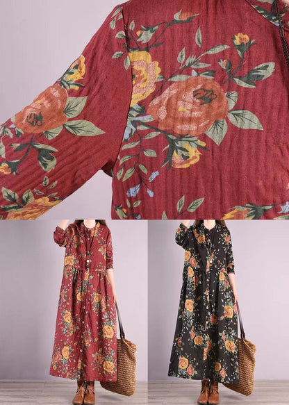 Red Stand Collar Print Patchwork Cotton Long Dresses Fall