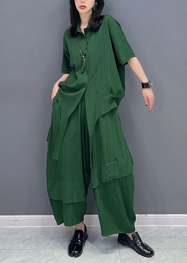 Natural Green Peter Pan Collar Patchwork Tops and Pants Cotton Two Pieces Set Spring