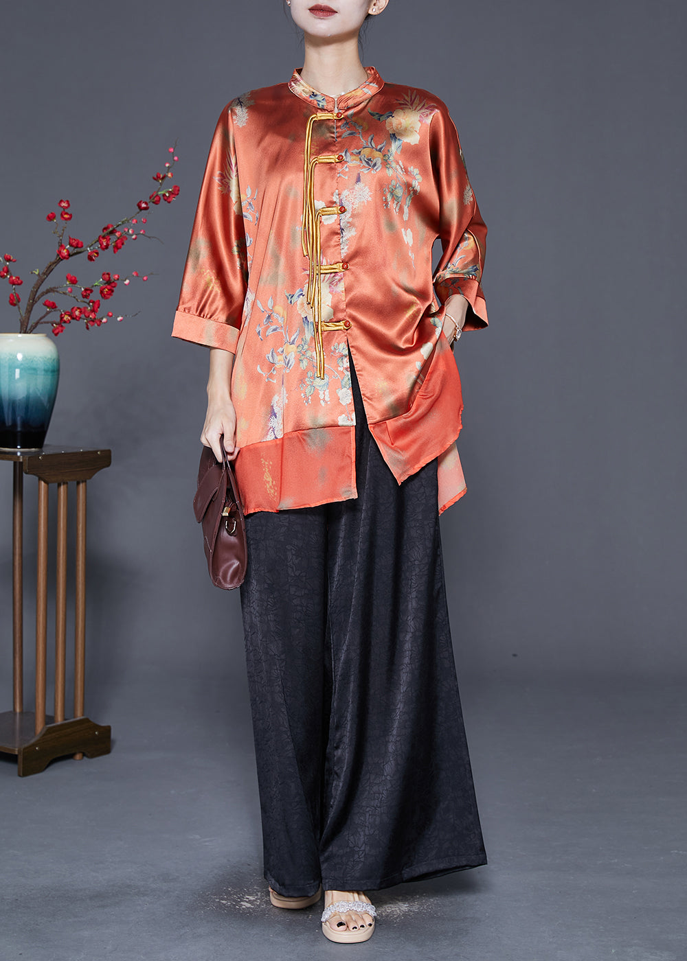 Orange Tasseled Patchwork Silk 2 Piece Outfit Fall