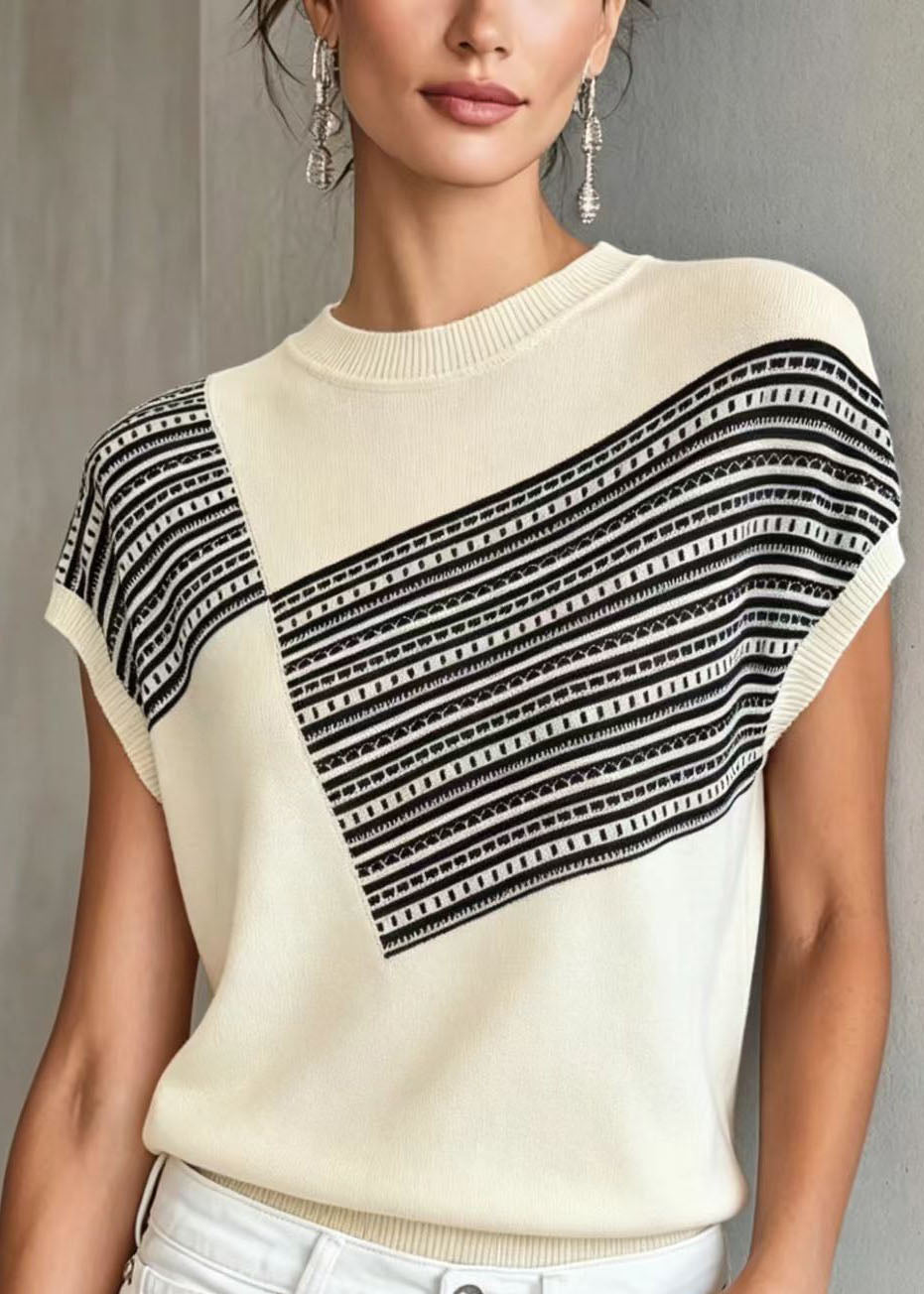 White O Neck Print Thin Knit Blouse Tops Summer