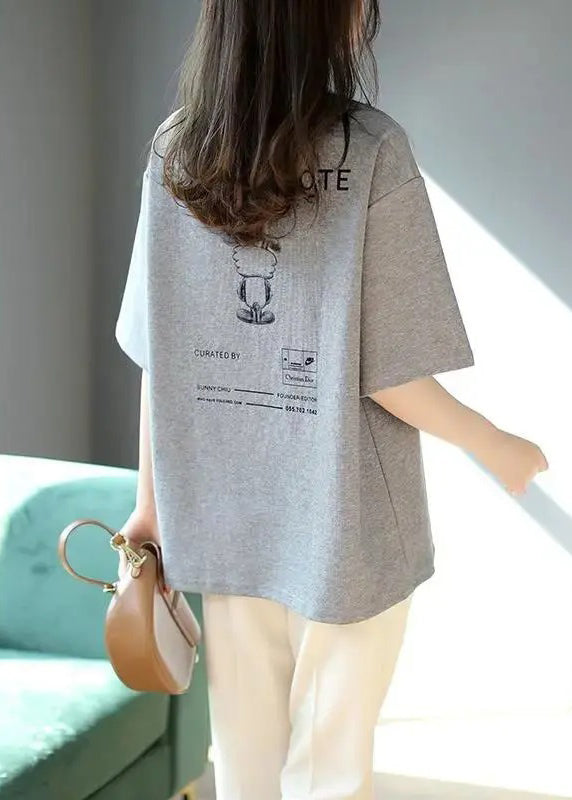 Grey O Neck Print Patchwork Cotton T Shirt Summer