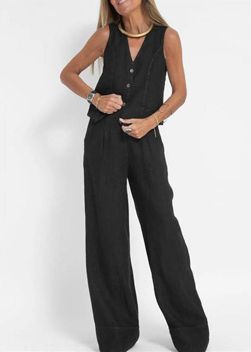 Simple Black Button Waistcoat and Pants Linen Two Pieces Set Summer