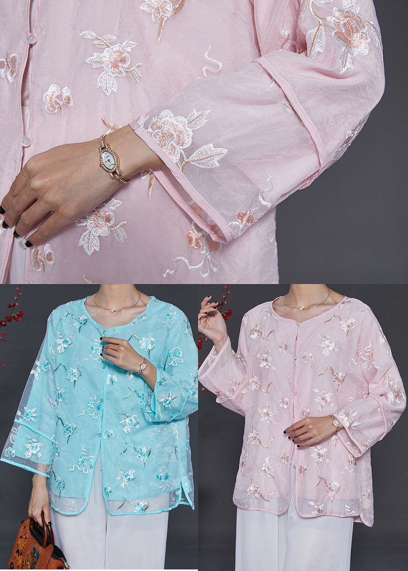 Pink Embroidered Organza Blouses Summer