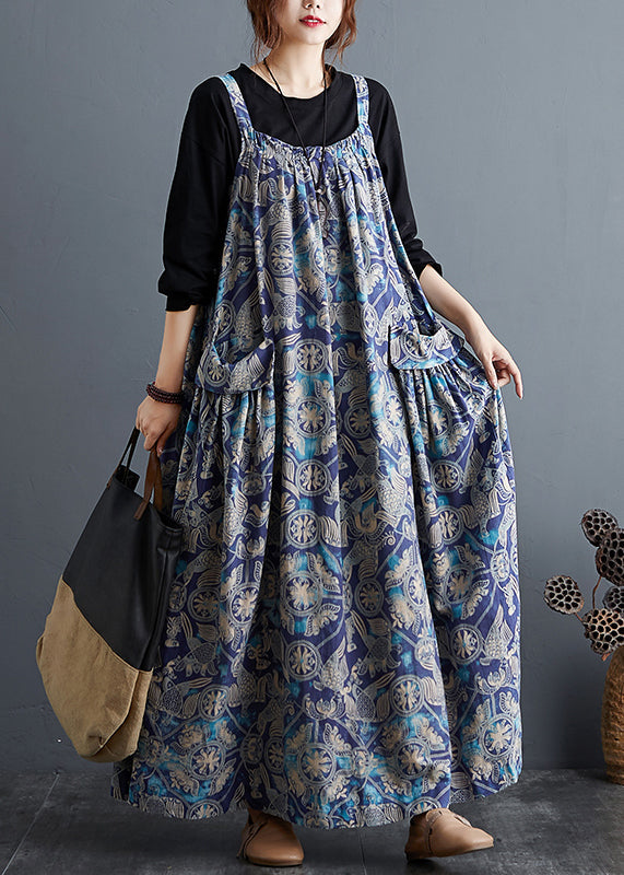 Blue Print Pockets Patchwork Cotton Long Dresses Sleeveless